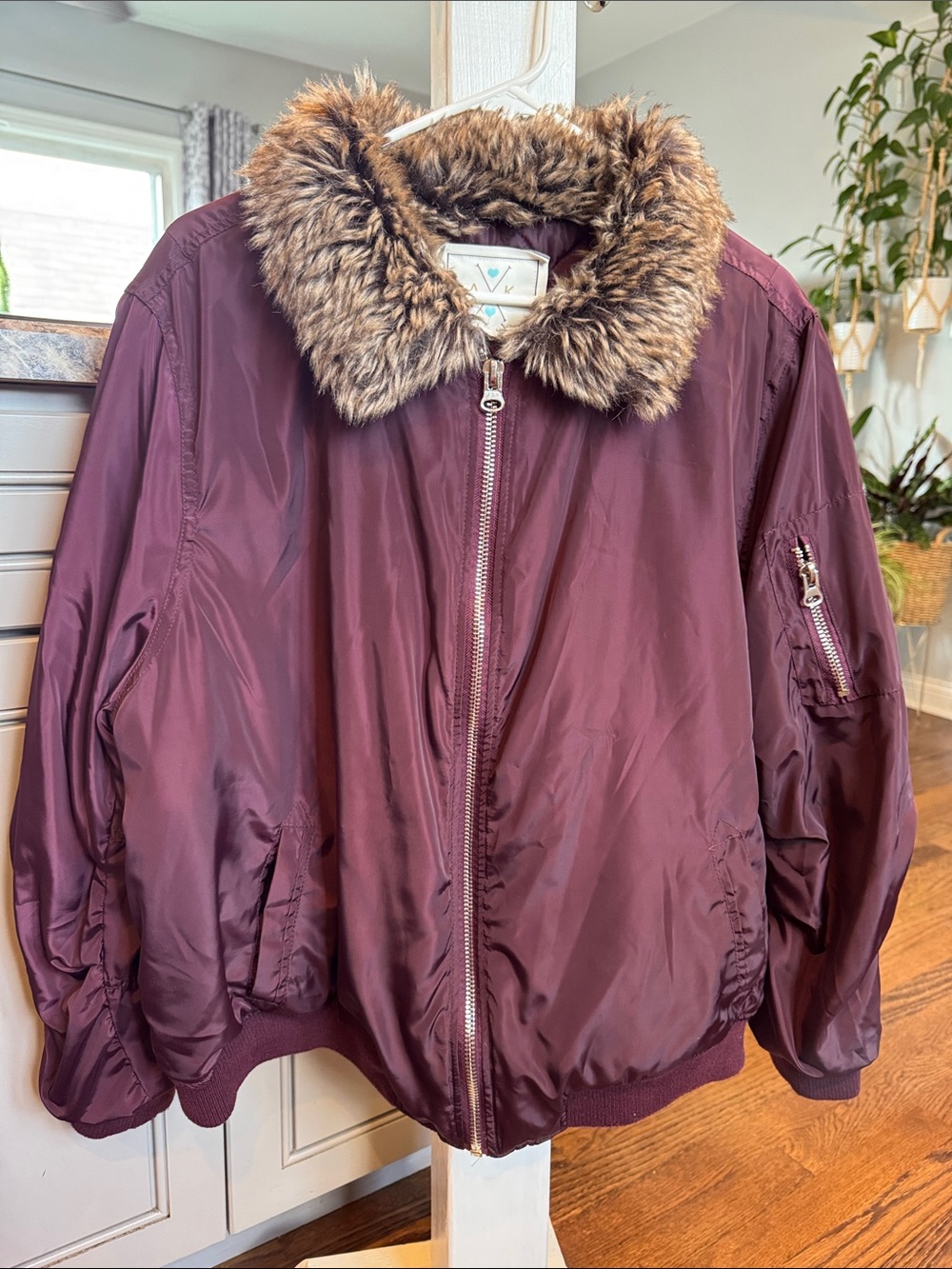 Angel Kiss Burgundy Bomber Jacket with Faux Fur Collar